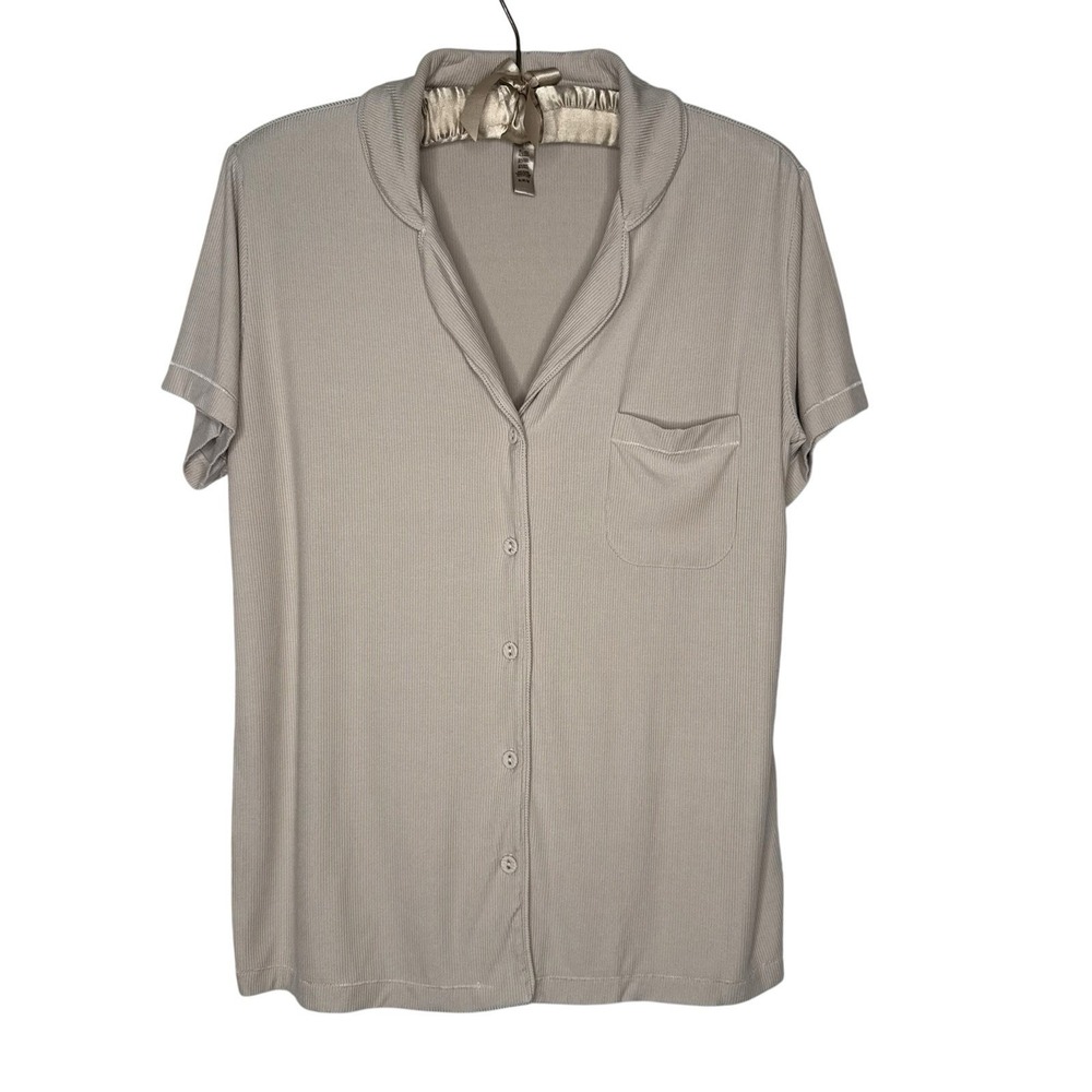 SKIMS Ribbed‎ Button Front Lounge Top Women's Size M Short Sleeve Cozy Soft